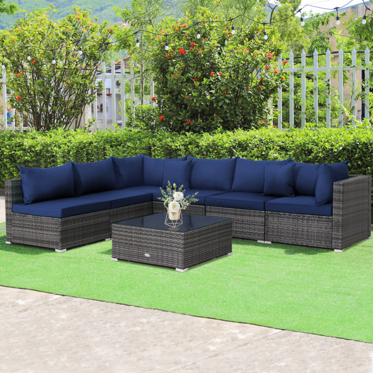 7 Pieces Patio Rattan Furniture Set Sectional Sofa Garden Cushion-NavyCostway Gallery View 2 of 11