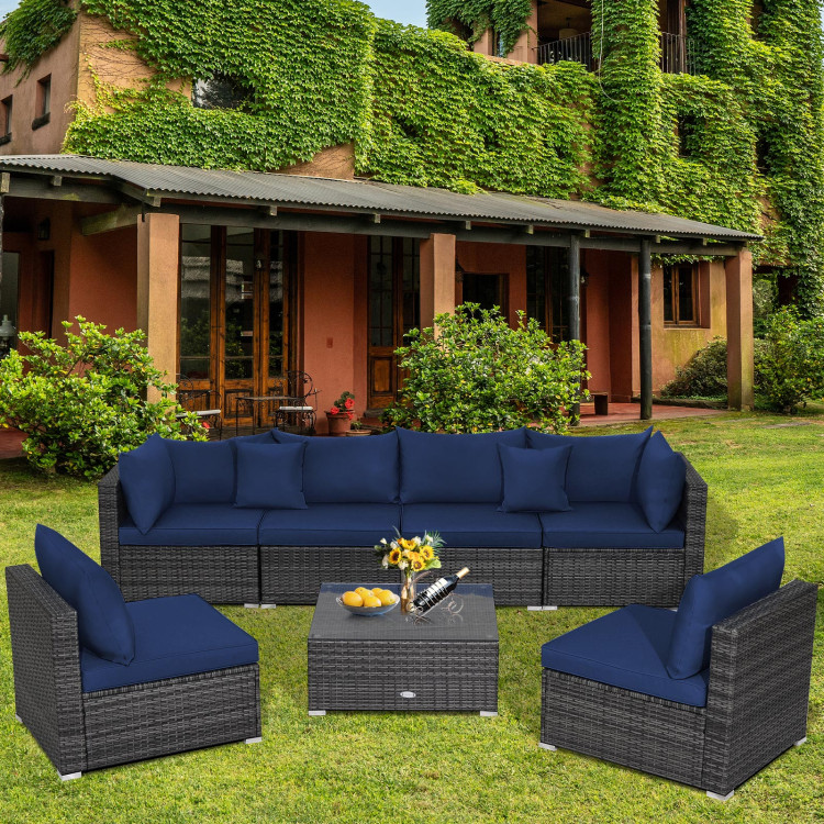 7 Pieces Patio Rattan Furniture Set Sectional Sofa Garden Cushion-NavyCostway Gallery View 7 of 11