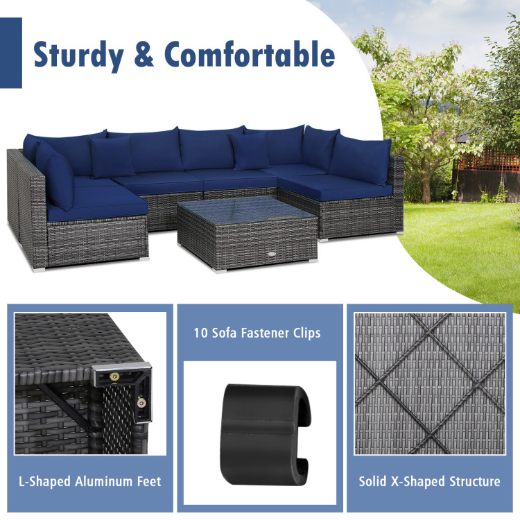 7 Pieces Patio Rattan Furniture Set Sectional Sofa Garden Cushion-NavyCostway Gallery View 11 of 11