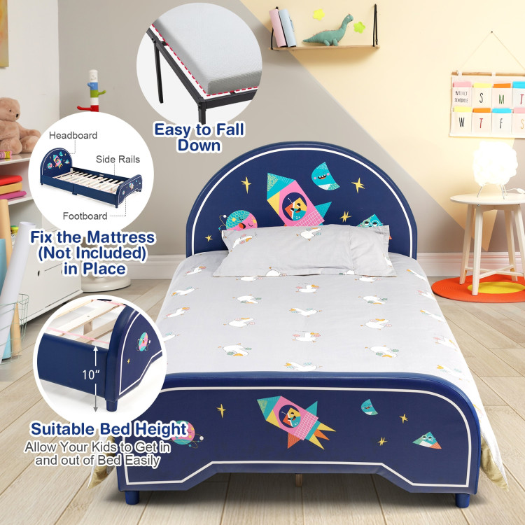 Kids Twin Size Upholstered Platform Bed with Rocket Pattern - Costway
