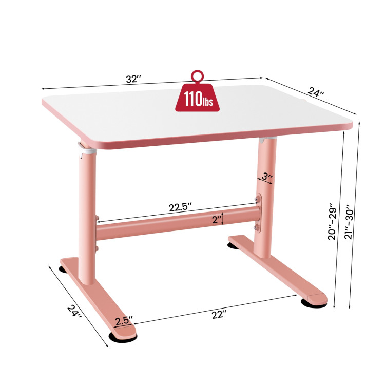 32 x 24 Inches Height Adjustable Desk with Hand Crank Adjusting for Kids-PinkCostway Gallery View 4 of 10