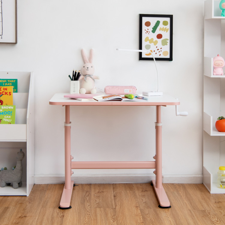 32 x 24 Inches Height Adjustable Desk with Hand Crank Adjusting for Kids-PinkCostway Gallery View 7 of 10