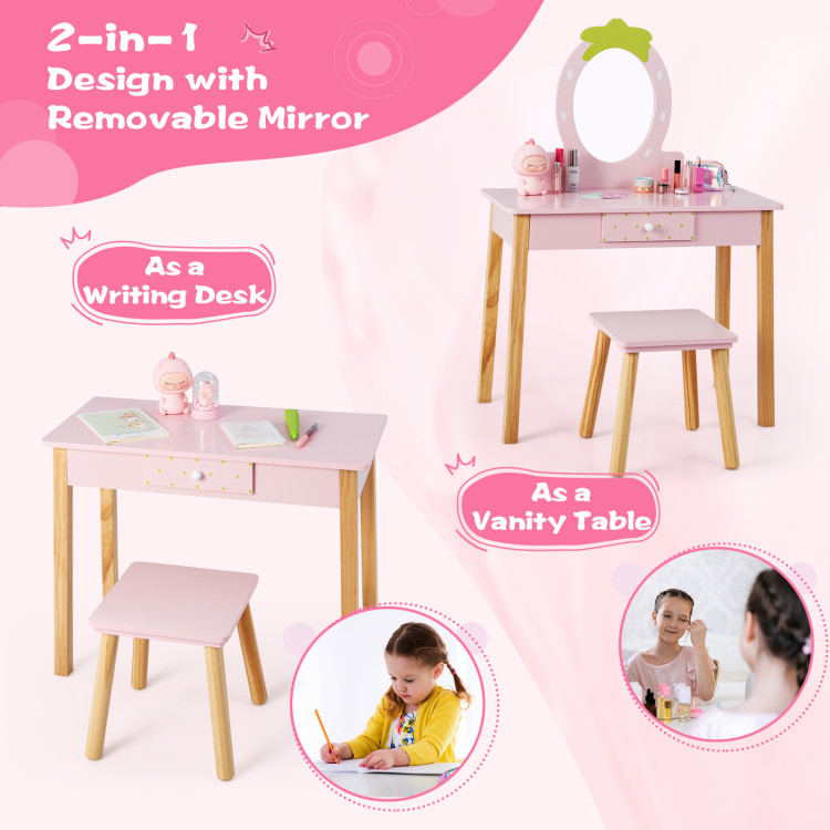 2-in-1 Children Vanity Table Stool Set with Mirror-PinkCostway Gallery View 8 of 9