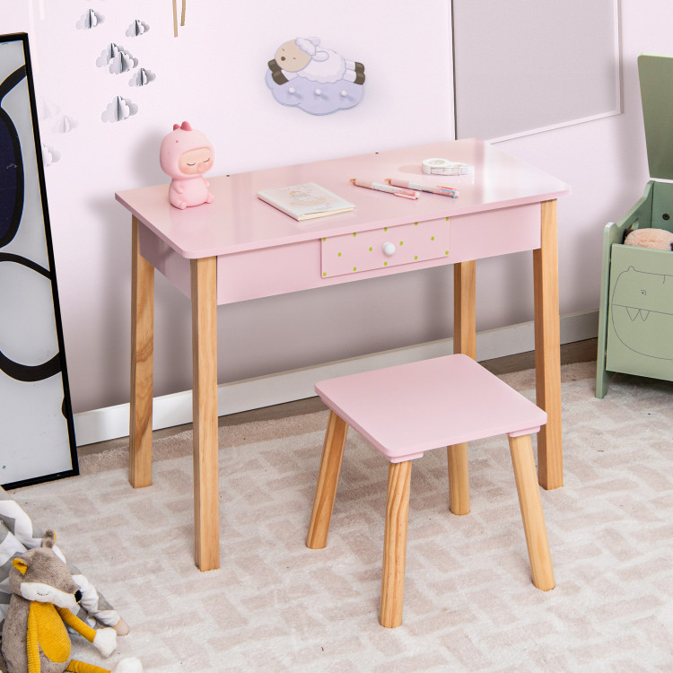 2-in-1 Children Vanity Table Stool Set with Mirror-PinkCostway Gallery View 1 of 9