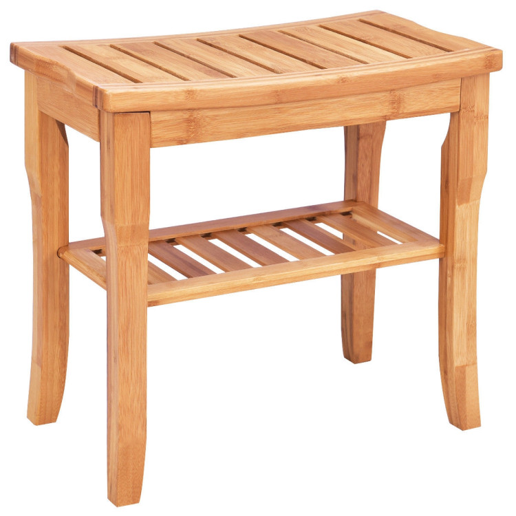 Bathroom Bamboo Shower Chair Bench with Storage ShelfCostway Gallery View 1 of 11