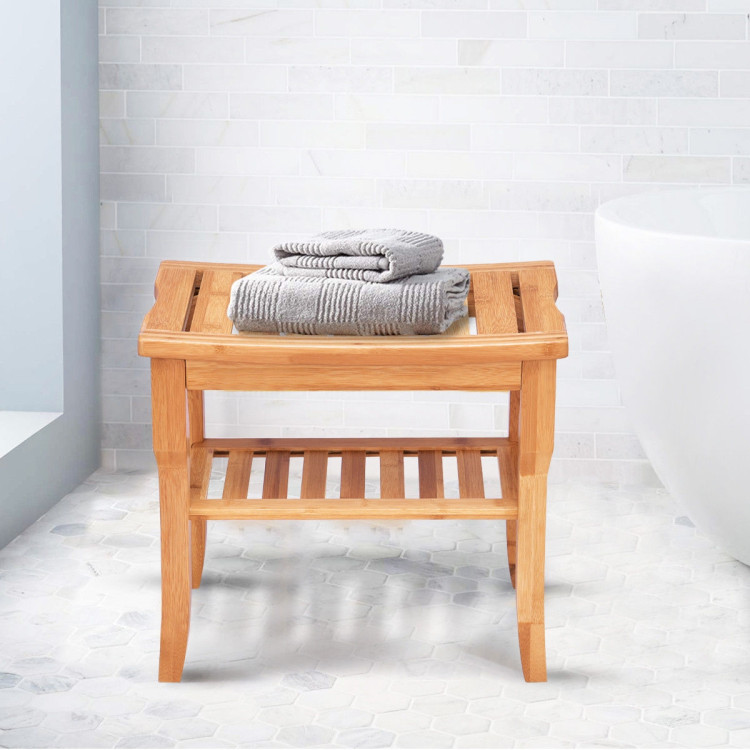 Bathroom Bamboo Shower Chair Bench with Storage ShelfCostway Gallery View 2 of 11