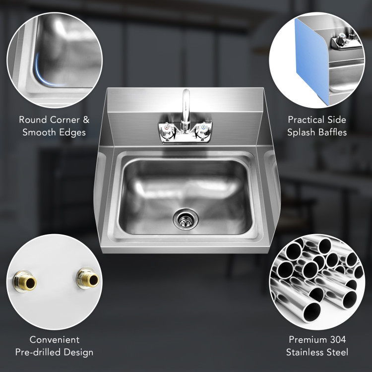 Stainless Steel Sink Wall Mount Hand Washing Sink with Faucet and Side SplashCostway Gallery View 10 of 11