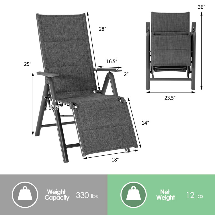 Aluminum Frame Adjustable Outdoor Foldable Reclining Padded Chair-GrayCostway Gallery View 4 of 12