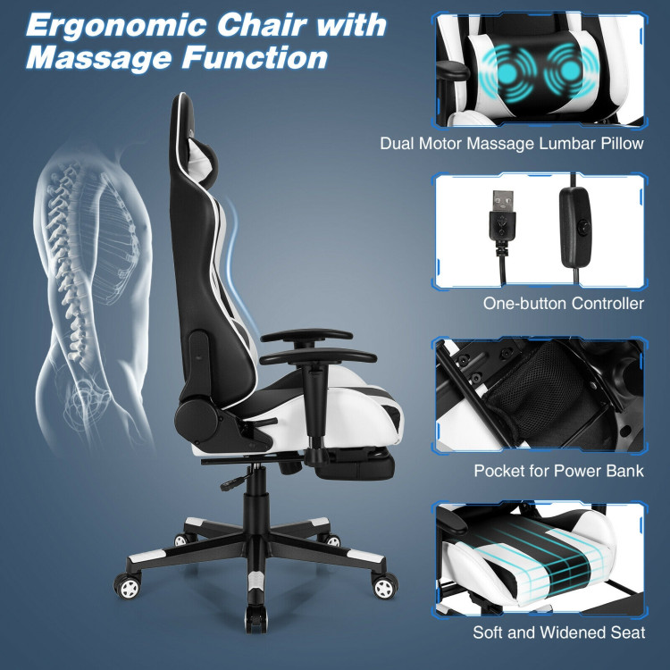 High Back Ergonomic Massage Computer Gaming Chair with USB Massage Lumbar PillowCostway Gallery View 3 of 13