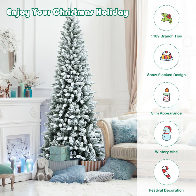 Costway 7.5ft Pre-Lit Hinged Christmas Tree Snow Flocked w/9 Modes Remote Control Lights