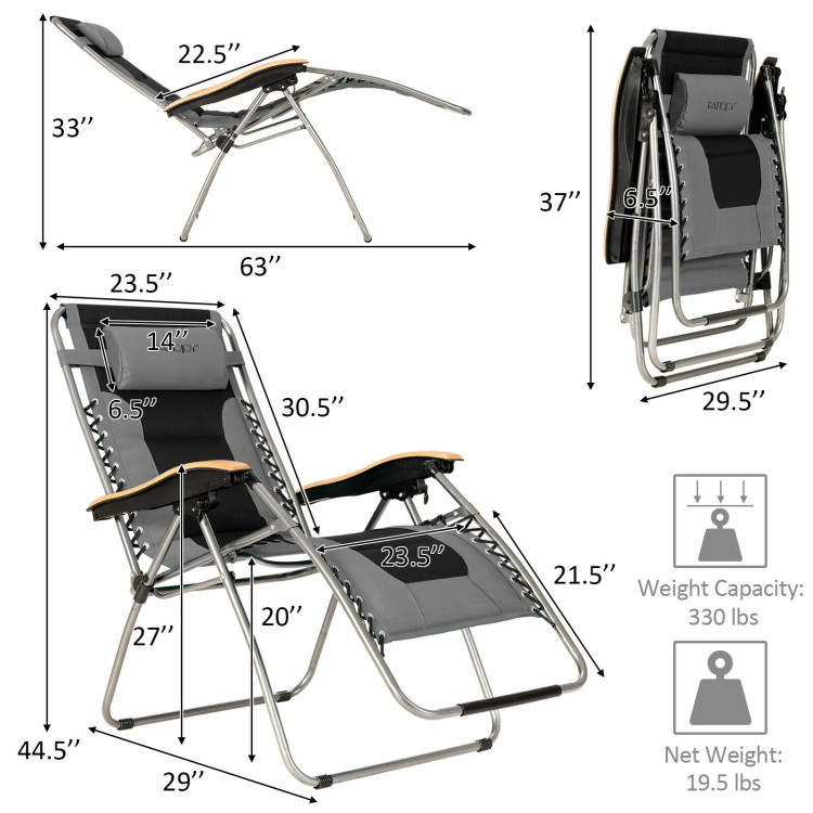 Oversize Folding Adjustable Padded Zero Gravity Lounge Chair-GrayCostway Gallery View 4 of 10