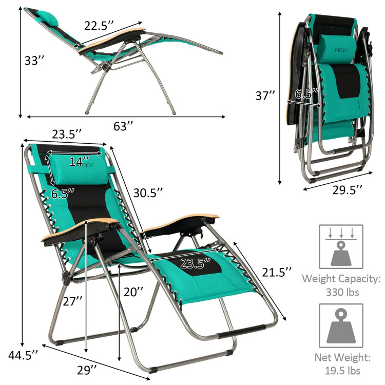 Oversize Folding Adjustable Padded Zero Gravity Lounge Chair-TurquoiseCostway Gallery View 4 of 12