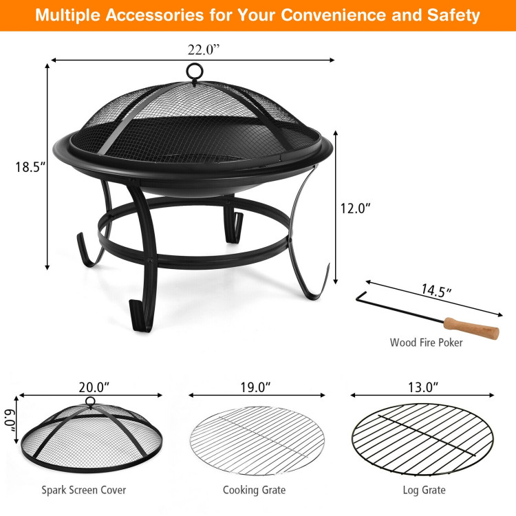 22 Inch Steel Outdoor Fire Pit Bowl With Wood GrateCostway Gallery View 4 of 12