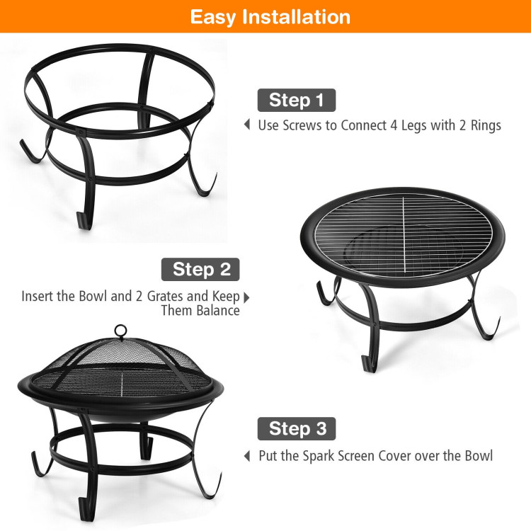 22 Inch Steel Outdoor Fire Pit Bowl With Wood GrateCostway Gallery View 11 of 12