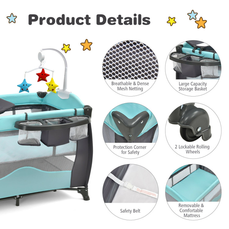 3-in-1 Baby Playard Portable Infant Nursery Center with Music Box-GreenCostway Gallery View 6 of 13