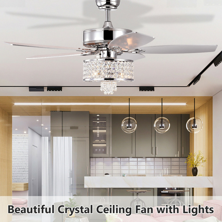 50 Inch Electric Crystal Ceiling Fan with Light Adjustable Speed Remote Control-SilverCostway Gallery View 10 of 12