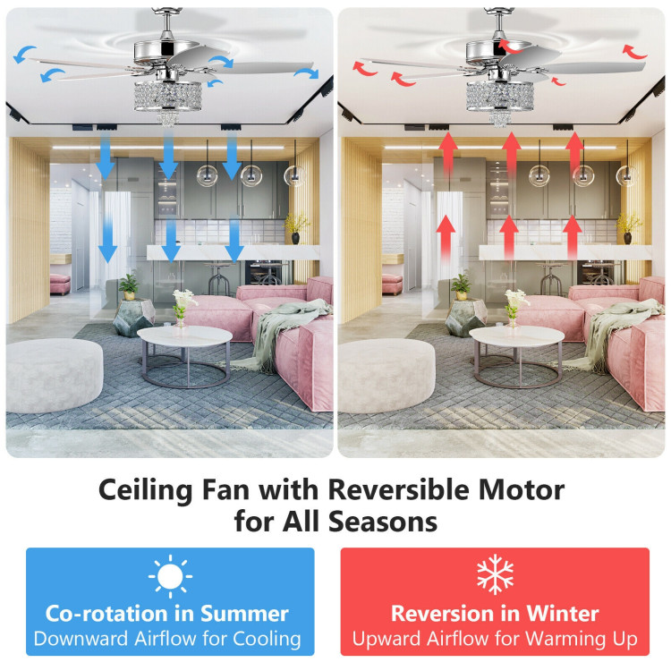 50 Inch Electric Crystal Ceiling Fan with Light Adjustable Speed Remote Control-SilverCostway Gallery View 11 of 12