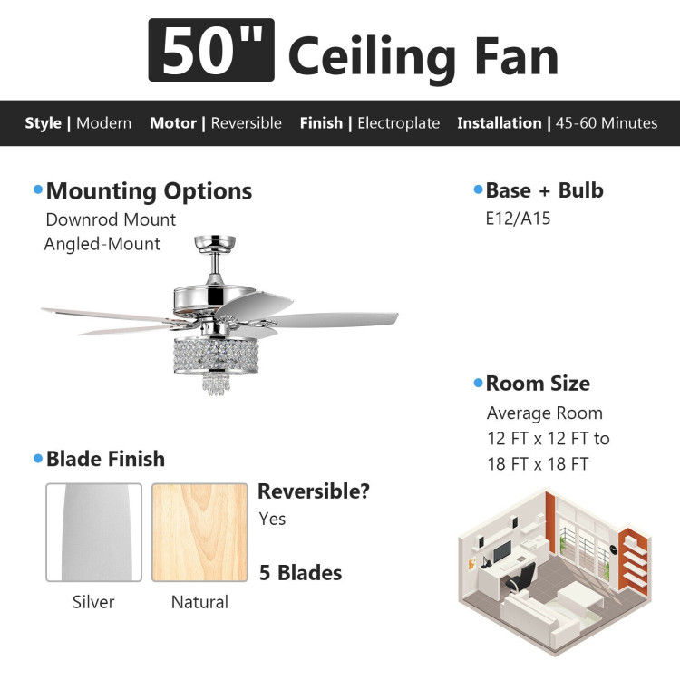 50 Inch Electric Crystal Ceiling Fan with Light Adjustable Speed Remote Control-SilverCostway Gallery View 5 of 12