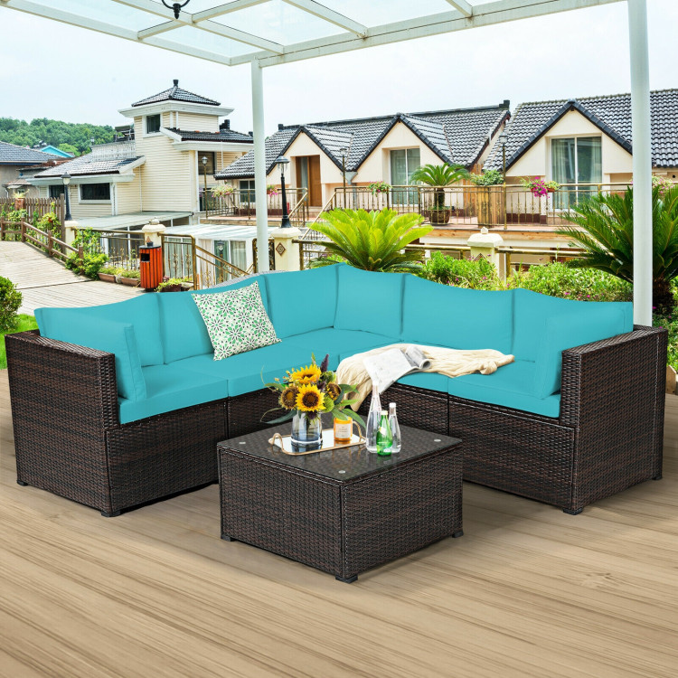 6 Pieces Patio Furniture Sofa Set with Cushions for Outdoor-TurquoiseCostway Gallery View 1 of 12