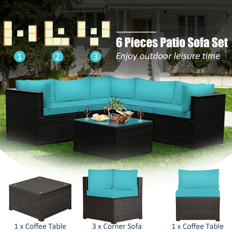 6 Pieces Patio Furniture Sofa Set with Cushions for Outdoor-TurquoiseCostway Gallery View 10 of 12