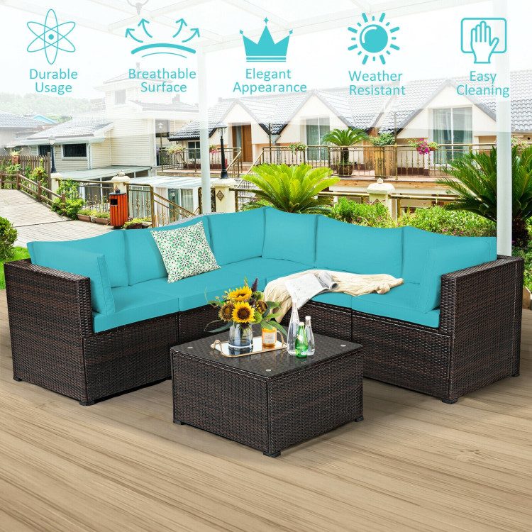 6 Pieces Patio Furniture Sofa Set with Cushions for Outdoor-TurquoiseCostway Gallery View 2 of 12