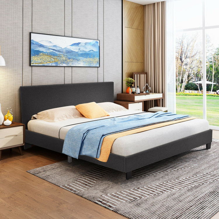 Full Upholstered Platform Bed Frame with Headboard Wood Slat-GrayCostway Gallery View 6 of 11