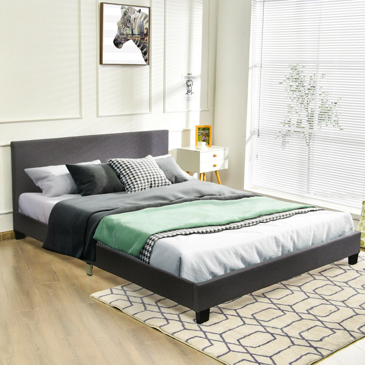 Full Upholstered Platform Bed Frame with Headboard Wood Slat-GrayCostway Gallery View 7 of 11