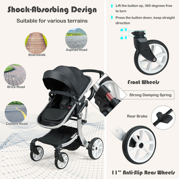 Folding Aluminum Infant Reversible Stroller with Diaper Bag-BlackCostway Gallery View 7 of 10