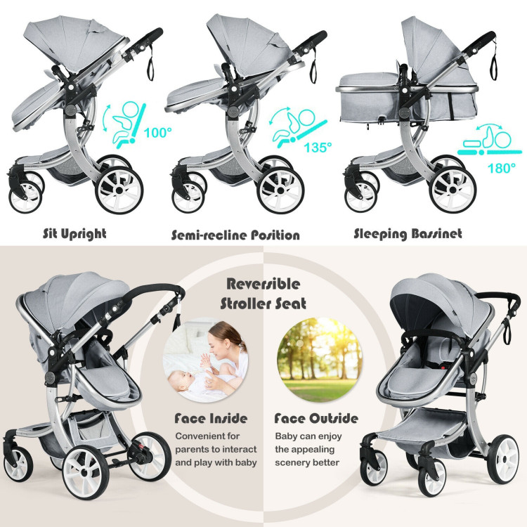 Folding Aluminum Infant Reversible Stroller with Diaper Bag-GrayCostway Gallery View 9 of 10