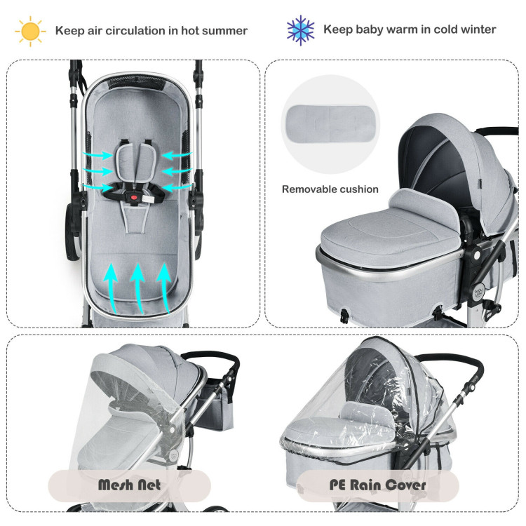 Folding Aluminum Infant Reversible Stroller with Diaper Bag-GrayCostway Gallery View 8 of 10