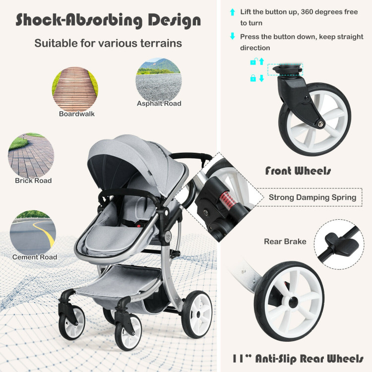 Folding Aluminum Infant Reversible Stroller with Diaper Bag-GrayCostway Gallery View 7 of 10