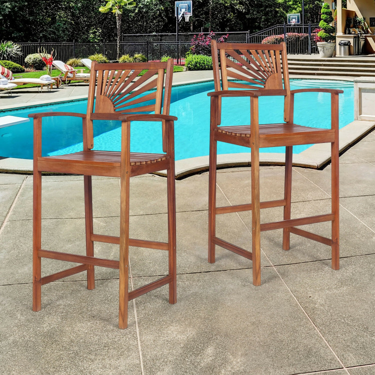 2 Pieces Outdoor Acacia Wood Bar Chairs with Sunflower Backrest and ArmrestsCostway Gallery View 6 of 12