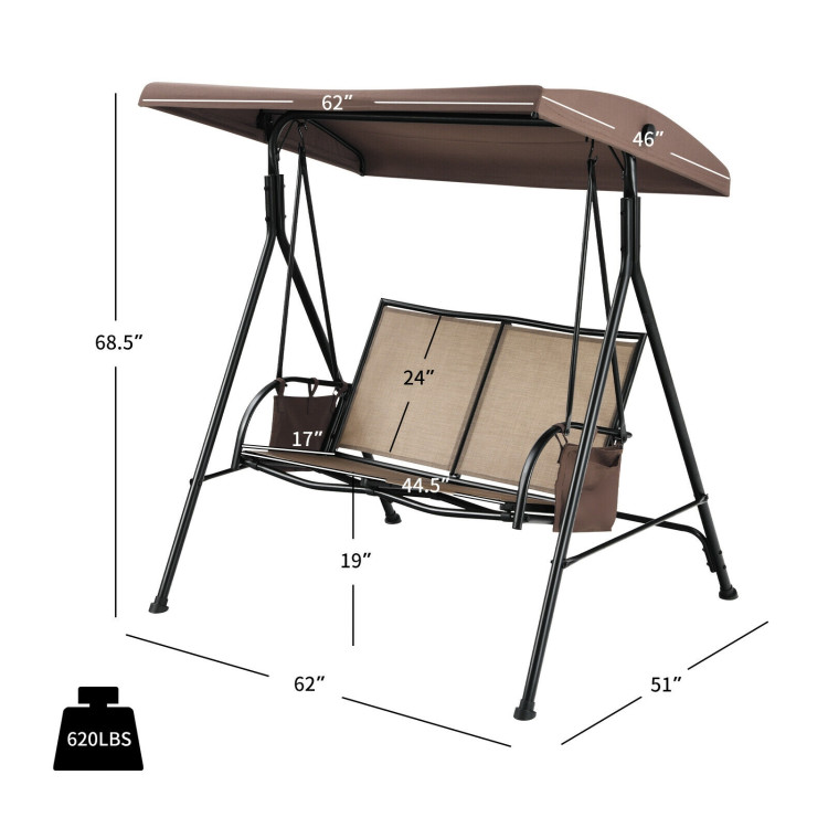 2-Person Patio Swing with Adjustable Canopy and 2 Storage Pocket-BrownCostway Gallery View 5 of 11
