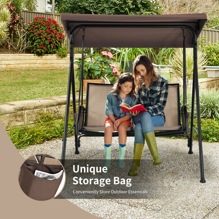 2-Person Patio Swing with Adjustable Canopy and 2 Storage Pocket-BrownCostway Gallery View 11 of 11