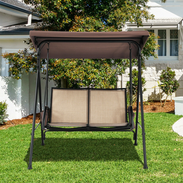 2-Person Patio Swing with Adjustable Canopy and 2 Storage Pocket-BrownCostway Gallery View 7 of 11