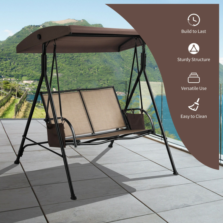 2-Person Patio Swing with Adjustable Canopy and 2 Storage Pocket-BrownCostway Gallery View 3 of 11
