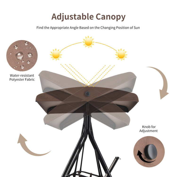 2-Person Patio Swing with Adjustable Canopy and 2 Storage Pocket-BrownCostway Gallery View 9 of 11