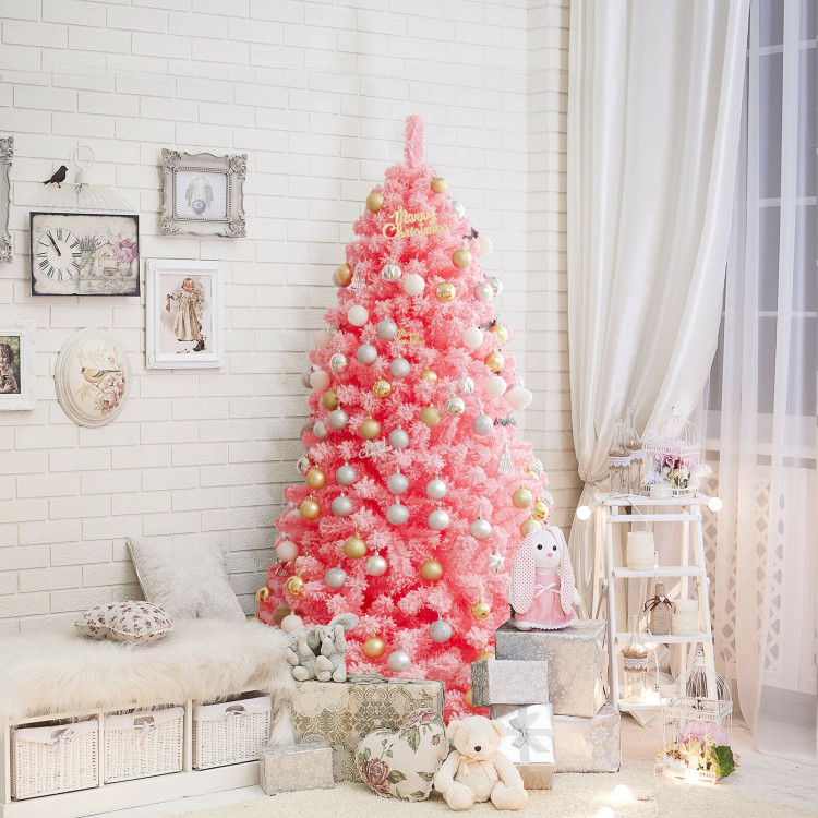 Pink Christmas Tree with Snow Flocked PVC Tips and Metal Stand-6.5 ftCostway Gallery View 7 of 10