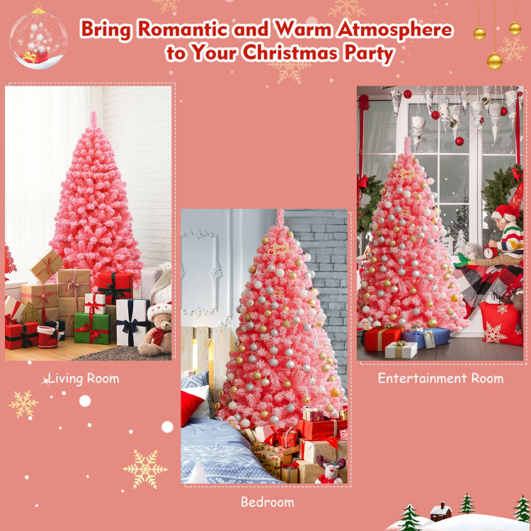 Pink Christmas Tree with Snow Flocked PVC Tips and Metal Stand-6.5 ftCostway Gallery View 9 of 10