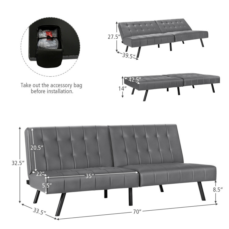 Futon Sofa Bed PU Leather Convertible Folding Couch Sleeper Lounge-GrayCostway Gallery View 4 of 12