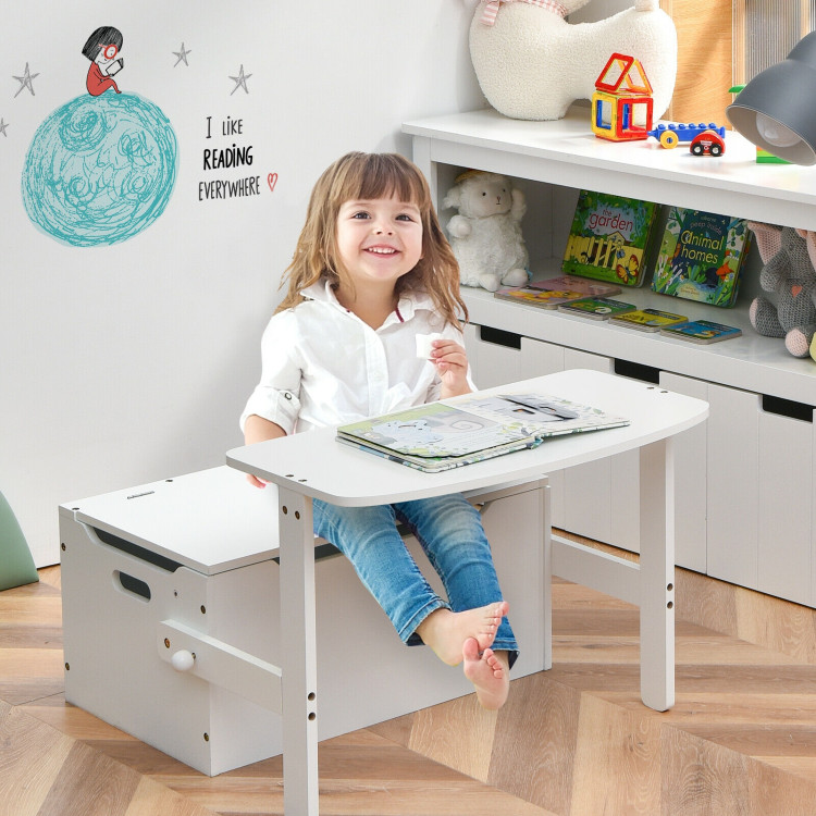 3-in-1 Kids Convertible Storage Bench Wood Activity Table and Chair Set-WhiteCostway Gallery View 7 of 12
