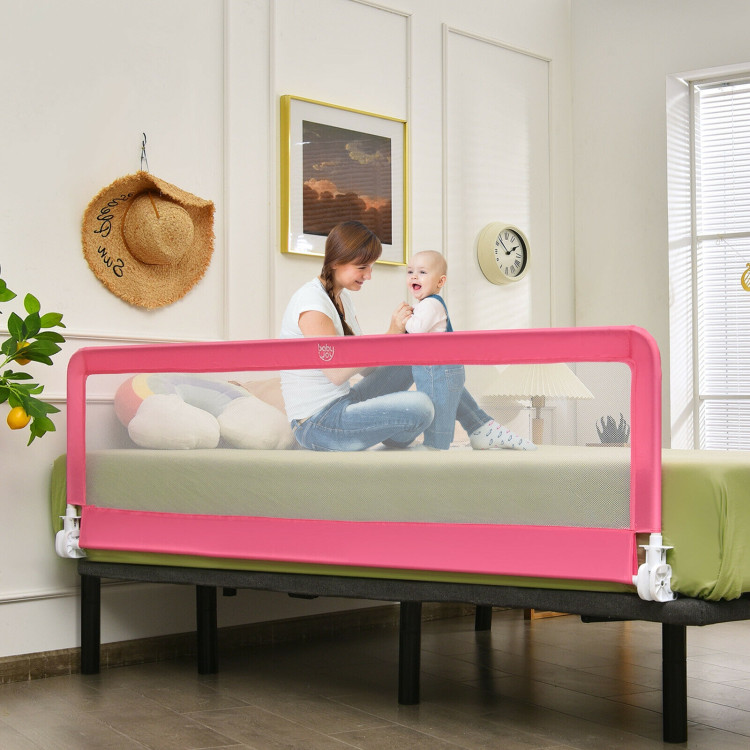 71 Inch Extra Long Swing Down Bed Guardrail with Safety Straps-PinkCostway Gallery View 6 of 11