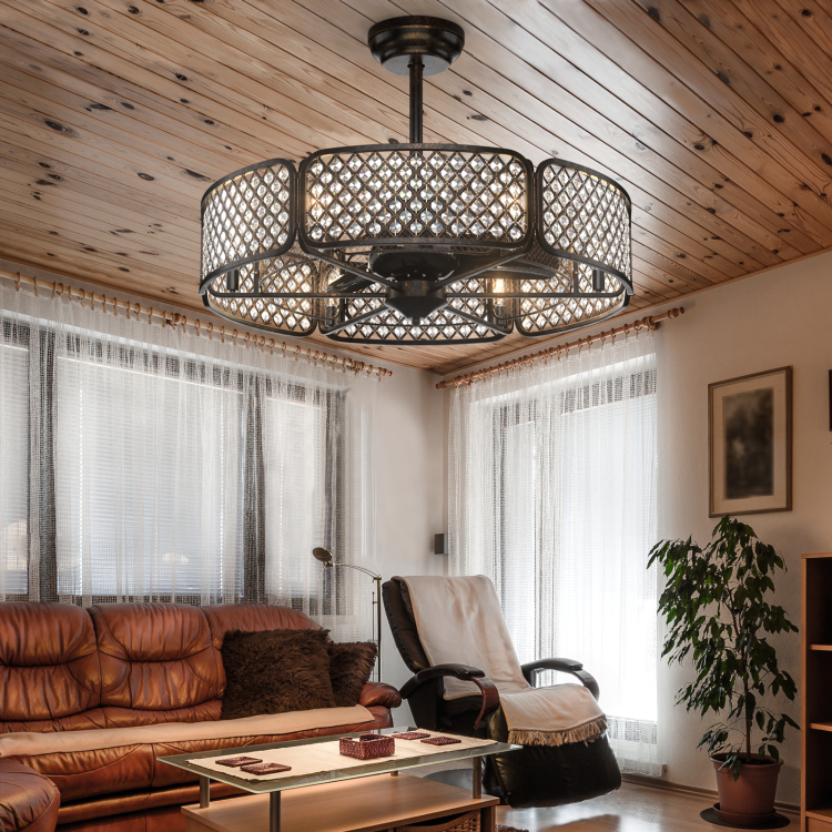 30 Inch Caged Ceiling Fan With Light Crystal Lampshade 6 Light Bases-BrownCostway Gallery View 1 of 12