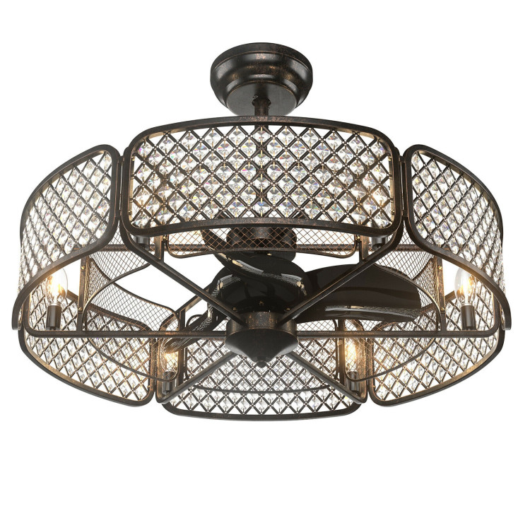 30 Inch Caged Ceiling Fan With Light Crystal Lampshade 6 Light Bases-BrownCostway Gallery View 3 of 12