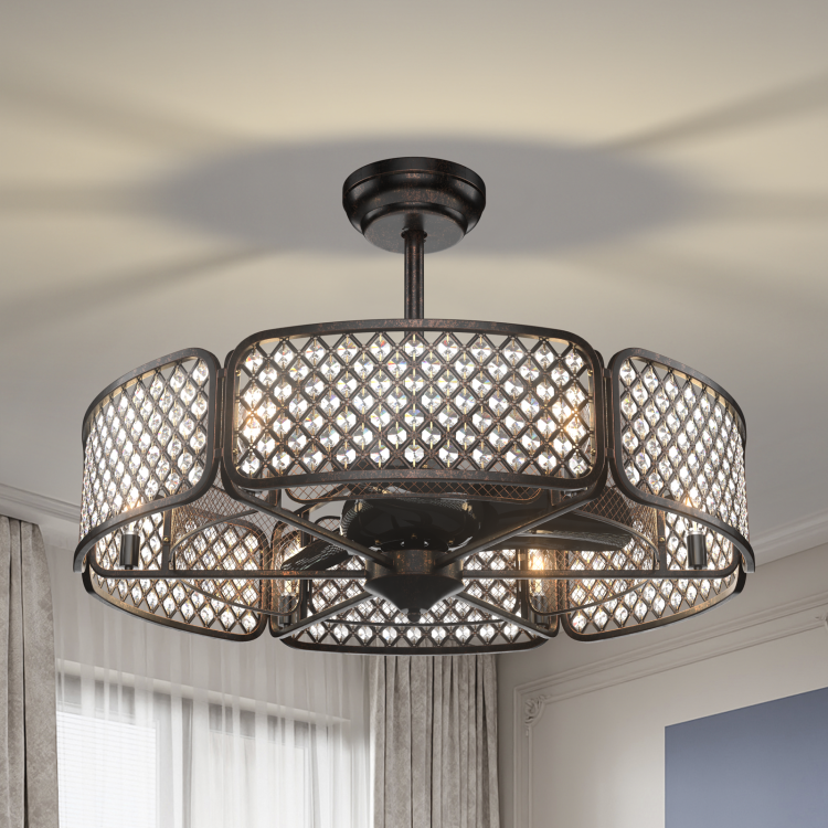 30 Inch Caged Ceiling Fan With Light Crystal Lampshade 6 Light Bases-BrownCostway Gallery View 8 of 12