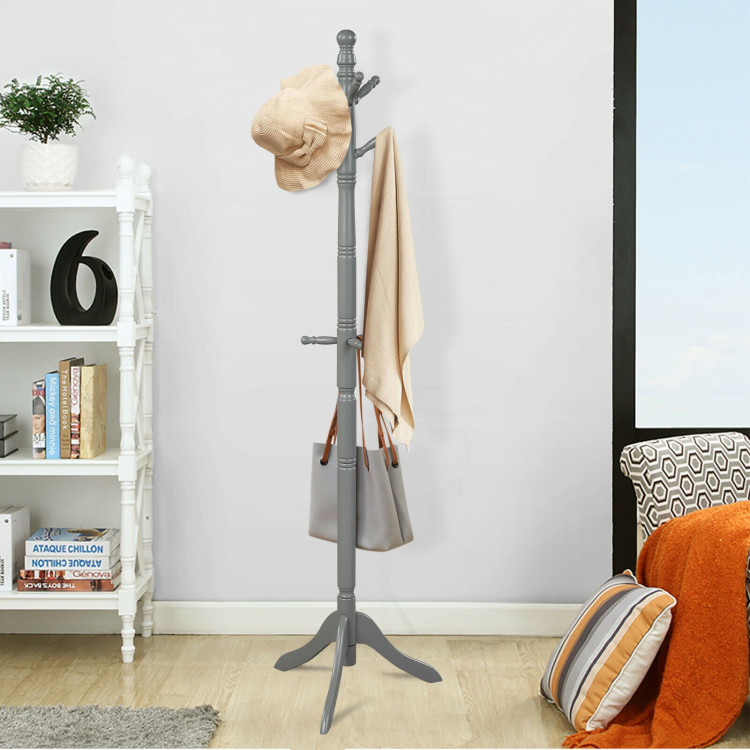 Entryway Height Adjustable Coat Stand with 9 Hooks-GrayCostway Gallery View 6 of 12