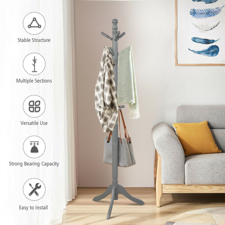 Entryway Height Adjustable Coat Stand with 9 Hooks-GrayCostway Gallery View 3 of 12