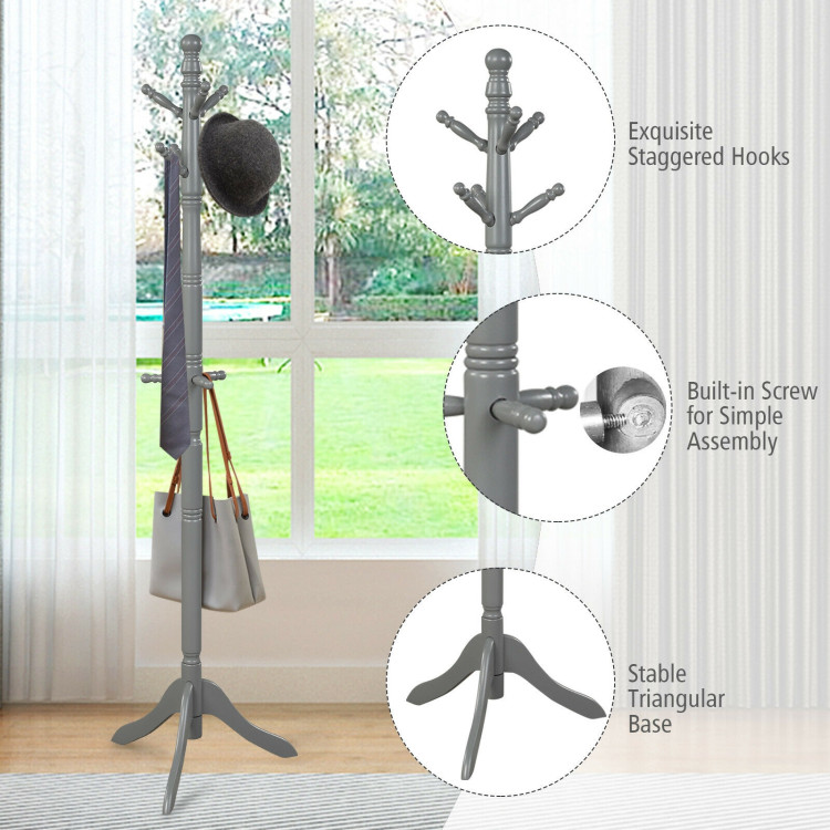 Entryway Height Adjustable Coat Stand with 9 Hooks-GrayCostway Gallery View 10 of 12