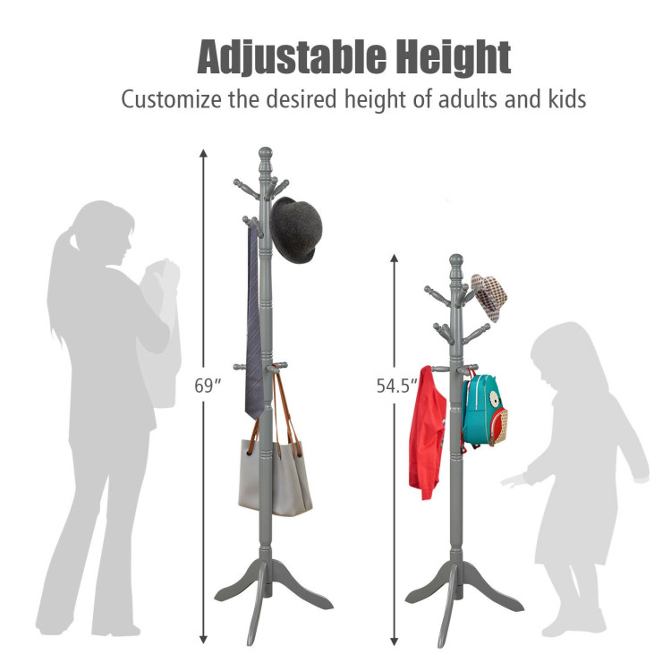 Entryway Height Adjustable Coat Stand with 9 Hooks-GrayCostway Gallery View 4 of 12