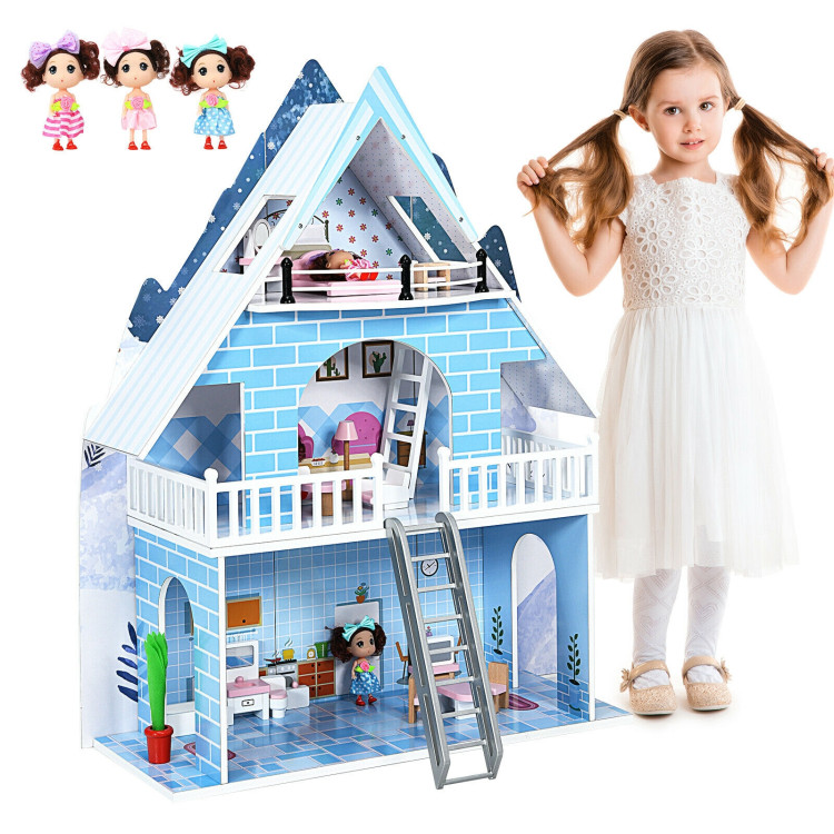 Wooden Dollhouse 3-Story Pretend Playset with Furniture and Doll Gift for Age 3+ YearCostway Gallery View 3 of 10